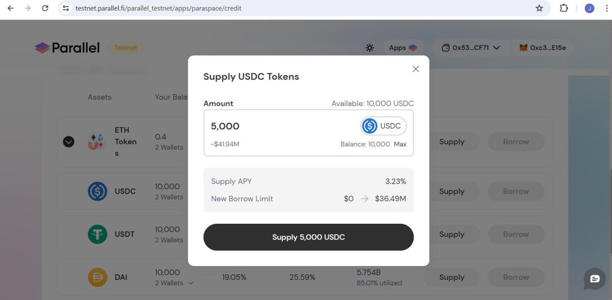 Step 5: Testnet interaction

- visit testnet.parallel.fi
- click on ‘apps’ and select ‘lending’
- Click on ‘USDC’ or any of the assets to ‘supply’

- also supply ETH

-  and bridge some to parallel through parallel.fi/bridge

Interact with the testnet daily 

6/6