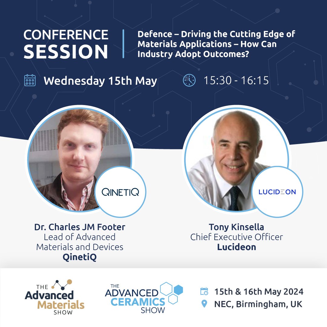 Join us at @CeramicsShow free conference session, 'Defence - Driving the Cutting Edge of Materials Applications - How Can Industry Adopt Outcomes?', in Theatre D, with speakers from @QinetiQ & @LucideonGroup View the full conference agenda: vist.ly/yqte