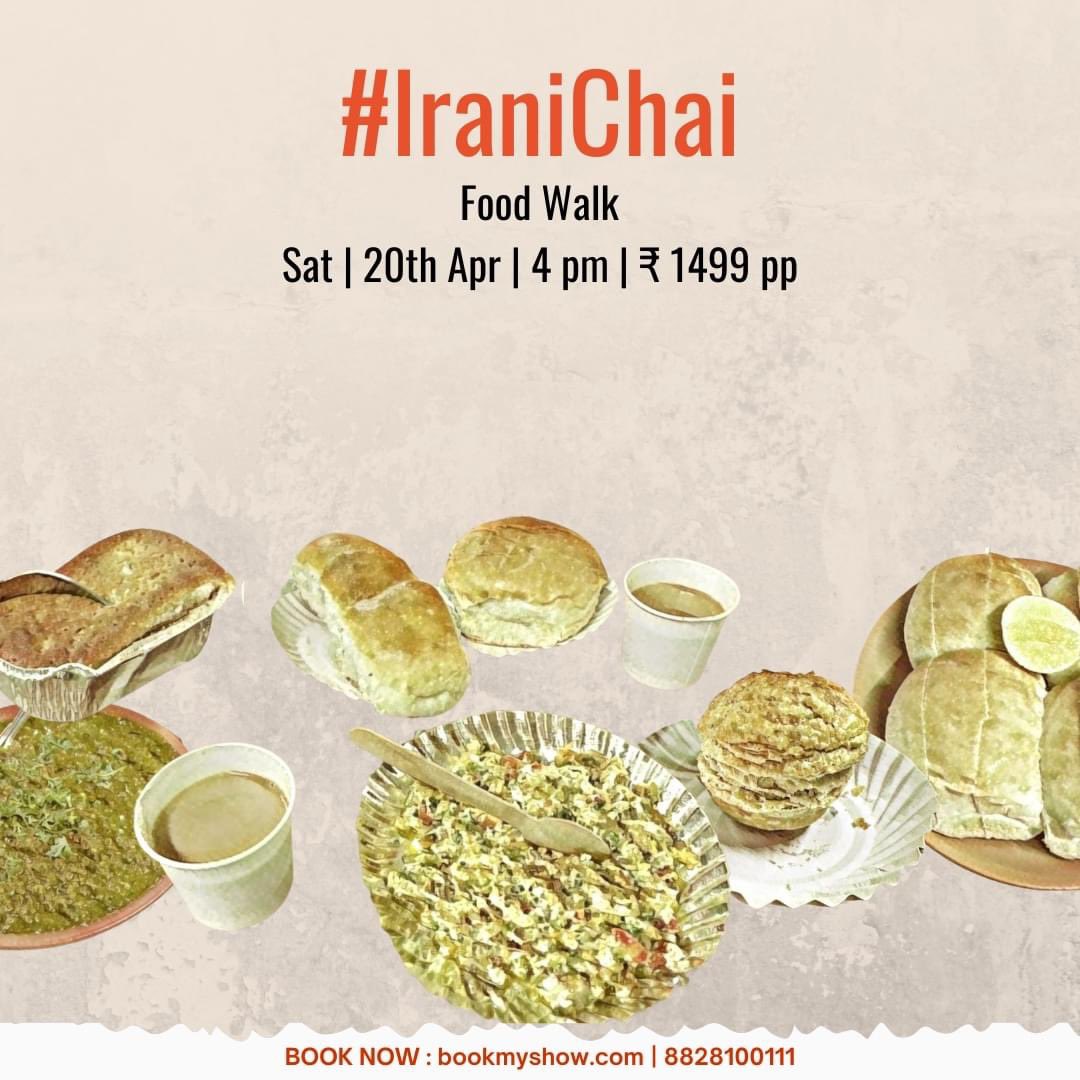 Sample the staple fare of Irani cafes with stories of the city’s Zoroastrian immigrants, only on our #IraniChai food walk.

📍Sat | 20th Apr | 4 PM | ₹1499 pp

➡️Book now at: in.bookmyshow.com/activities/ira…

#IraniCafe #IraniFood #Cafes #Things2DoInMumbai #KhakiTours #ExploreMumbai