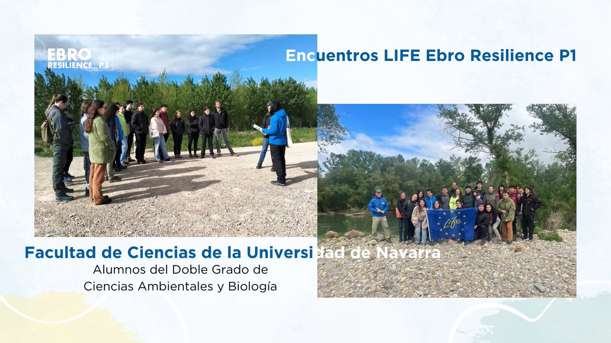 Encuentros #LIFEEbroResilienceP1. Intercambio con futuros técnic@s: alumnos de doble grado CC Ambientales y Biología @cienciasunav visitan los meandros de La Roza #Alfaro y El Señorío #Castejón para hablar de recuperar espacio fluvial ante #inundaciones con @GanNavarra y @Ch_Ebro