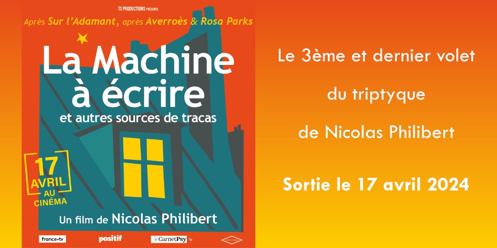 🧠🎬[LA MACHINE À ÉCRIRE et autres sources de tracas] Le 3ème et dernier volet du triptyque de Nicolas Philibert sur une #psychiatrie à visage humain, à retrouver en salle dès aujourd'hui ▶️ow.ly/eXVe50R96Ko @films_dulosange @franceculture @MajBastille @RevuePositif