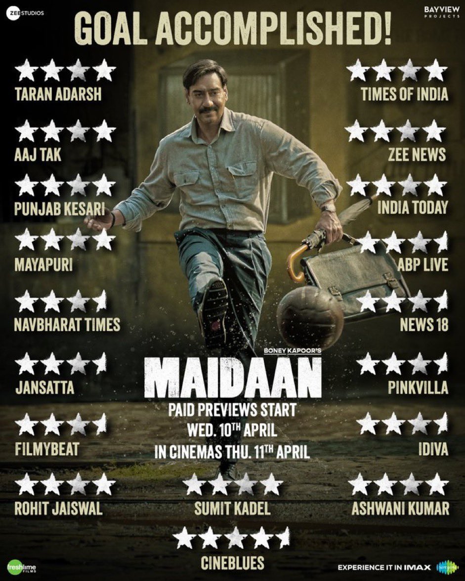 I just saw #Maidaan. It is a brilliant film! #AjayDevgn shows why he is the most talented of his generation. With 3 National Awards he gives one of his best performances. He brings to life coach Syed Abdul Rahim like nobody else can. His screen presence is riveting! #Bollywood