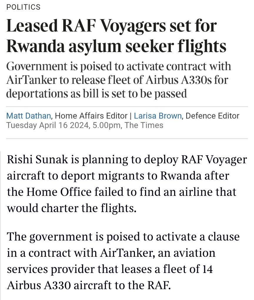I would highly suggest following and supporting @FreefromTorture in their campaign to get @AirTanker to refuse to take any part in this governments inhumane and cruel #Rwanda plan. thetimes.co.uk/article/4c505e…