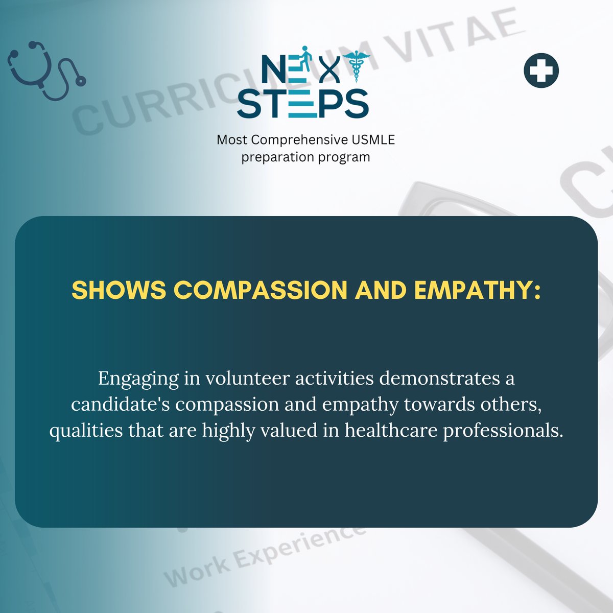 Boost your CV with volunteer experience! 🌟 Showcase dedication, skills, and compassion that set you apart. 
Register Here : nextstepscareer.com/international-…

#nextstepsusmle #usmlecv  #USMLE #usmlepreparation #usmlematch #USMLEPrep #nextsteps #nextstepsusmle #NextStepSuccess