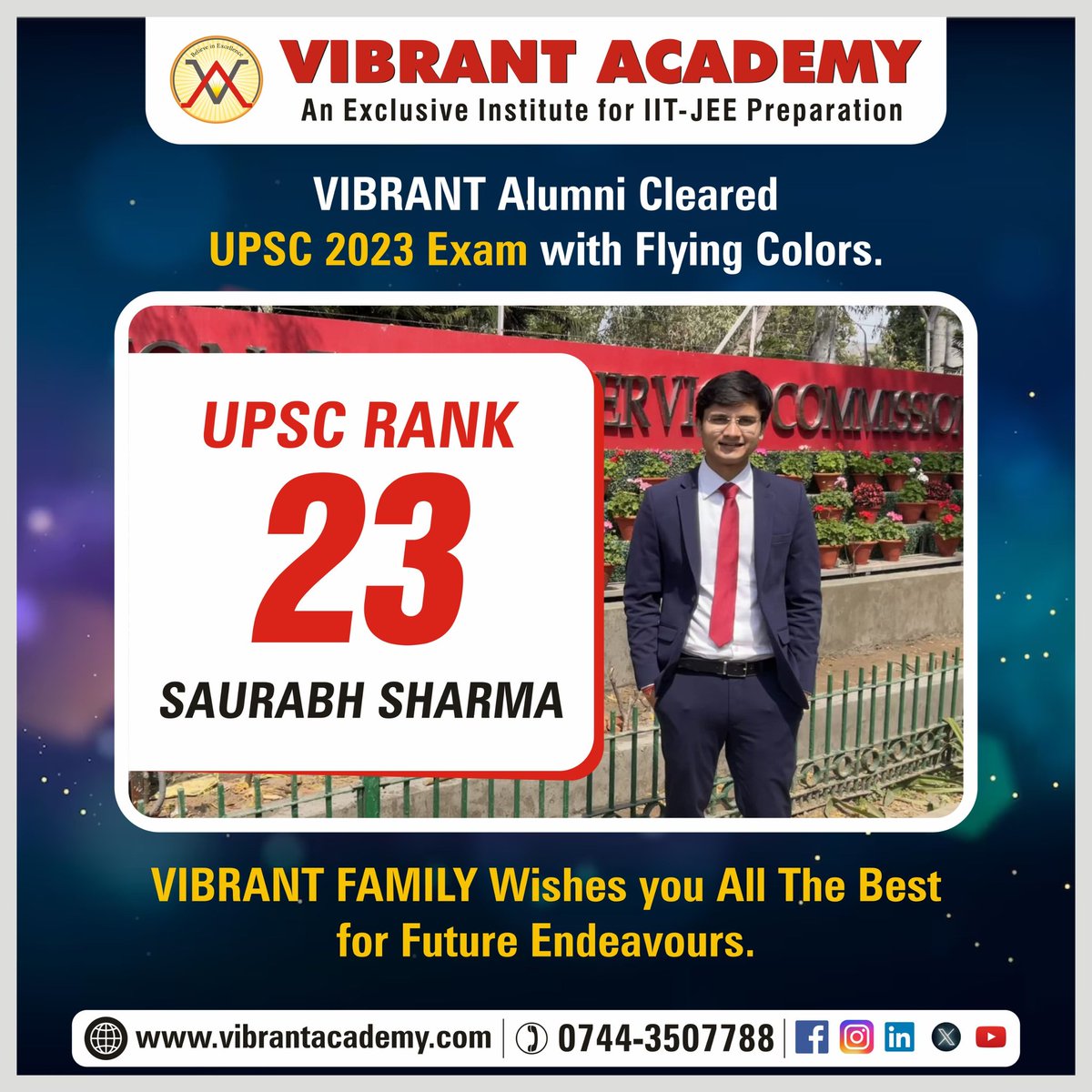Congratulations🎉to VIBRANT Alumni SAURABH SHARMA👍 for 23 Rank in UPSE Exam✌ 👏

VIBRANT FAMILY Wishes you All The Best for Future Endeavours.✌👏👏

#vibrantacademy #kotacoaching #UPSE #upseexam #iit #jee #iitjeepreparation