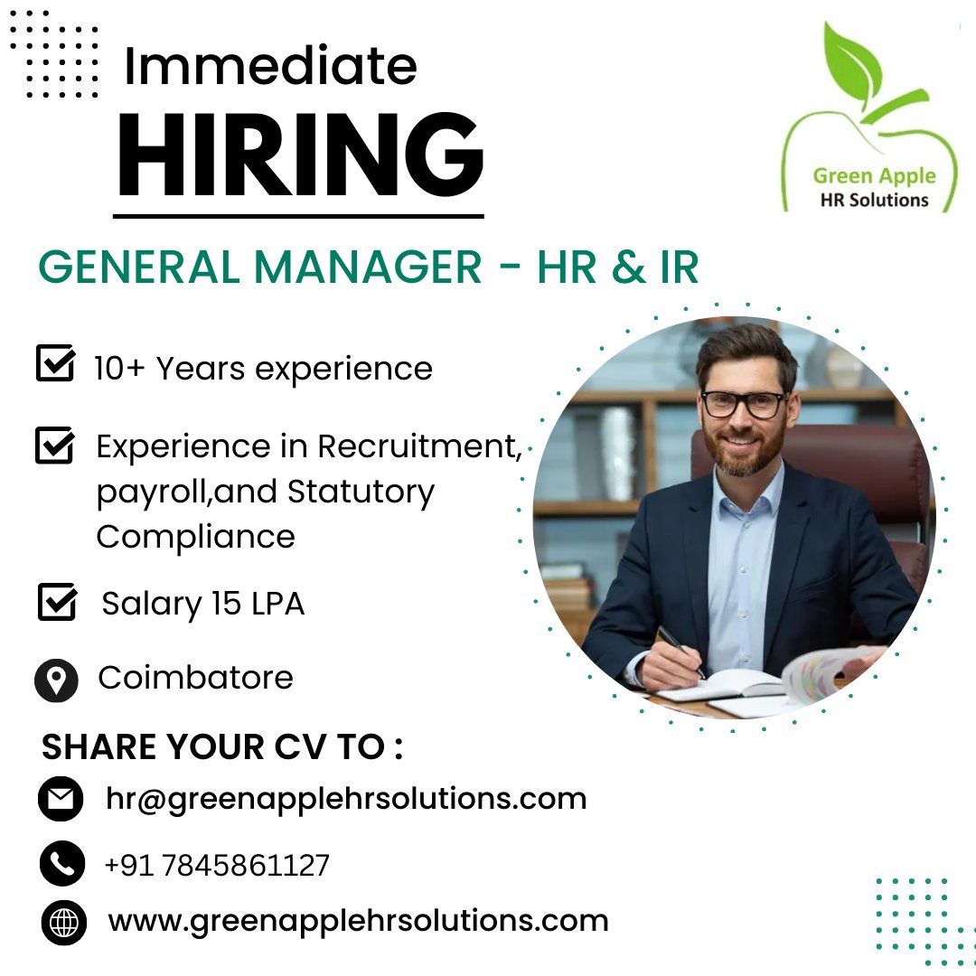 ' We are looking for GENERAL MANAGER-HR with 10+ years experience.'

Interested Candidates can share your profile to hr@greenapplehrsolutions.com or Reach @7845861127
#greenapplehrsolutions #manager #opentowork #hiring #jobvacancy #jobs2024 #jobs #hiringnow