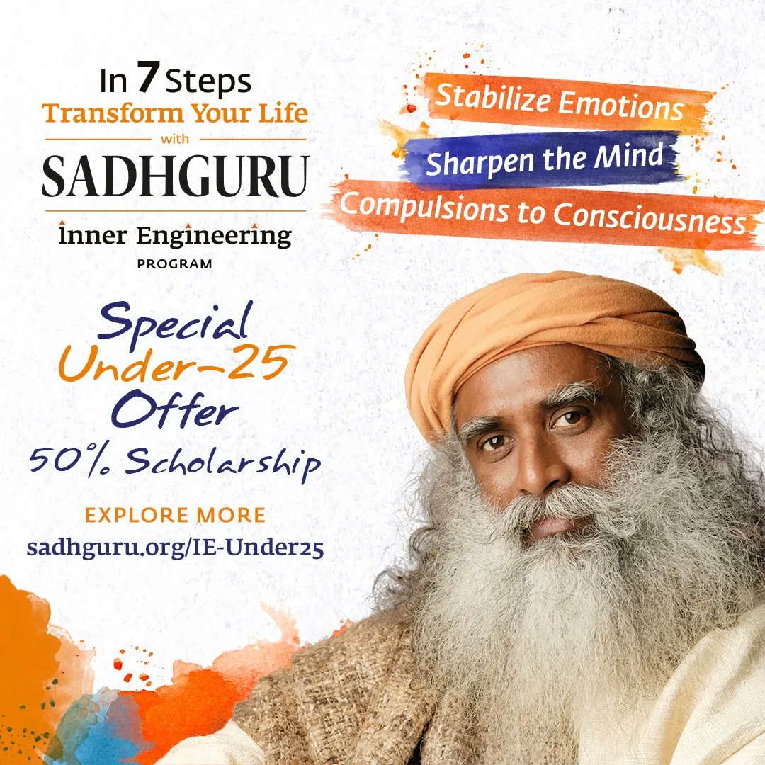 Transform your life in 7 steps with Sadhguru! Currently offered at a 50% scholarship for those under age 25, Inner Engineering is an immersive online program that you can take at your own pace, in your own space. Taught as a part of the program, get a sharper mind and unshakable…