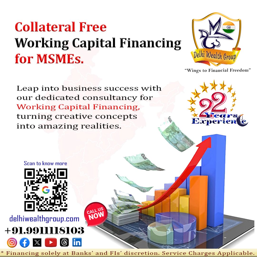 Collateral Free Working Capital Financing for MSMEs.
#DWSPL #delhiwealthgroup #financeconsultant #loanservices #consultancyservices #financeadvisor #workingcapitalloans #projectfinance #financialservices #homeloans #housingfinance #loanagainstproperty #msmeloan
