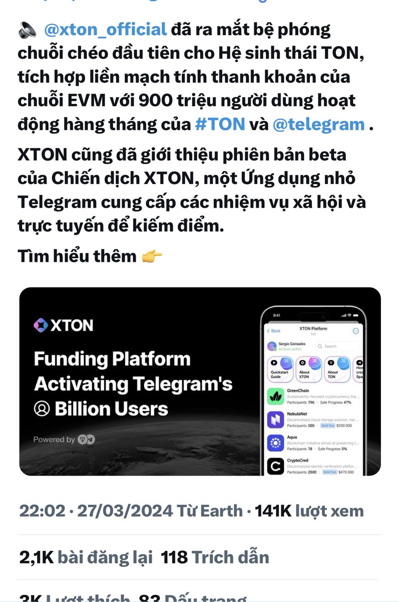 Ethane_fund's tweet photo. #Xton hiện đang là hệ sinh thái tốt nhất trên hệ Ton
Ae đừng bỏ lỡ làm airdrop để nhận token của nó
https://t.co/fy9r58NQdv
#ton #airdrop #btc https://t.co/8w9JXWYJs0