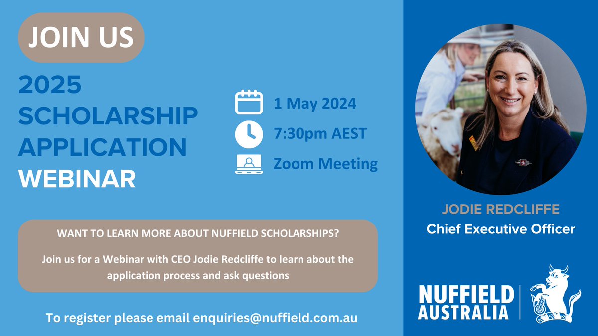 Considering applying for a Nuffield Scholarship but not sure where to start? Join us for a webinar with our CEO, Jodie Redcliffe, to learn all about the scholarships and ask a bunch of questions! 📨 Email enquiries@nuffield.com.au to register Apply today nuffield.com.au