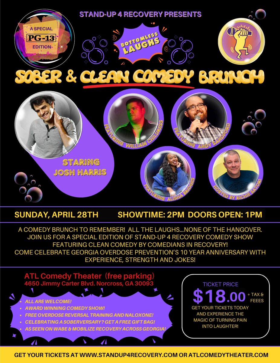 StandUpRecovery's tweet image. Stand-Up 4 Recovery Presents: 
Sober &amp;amp; CLEAN COMEDY Show!
With Headliner Josh Harris
SUN APRIL 28TH 2PM @ATLComedyThtr 

Join us for a comedy brunch to remember! ‘Bottomless Laughs' is the country's premier sober comedy brunch. All the laughs...none of the hangover.

#SoberBrunch