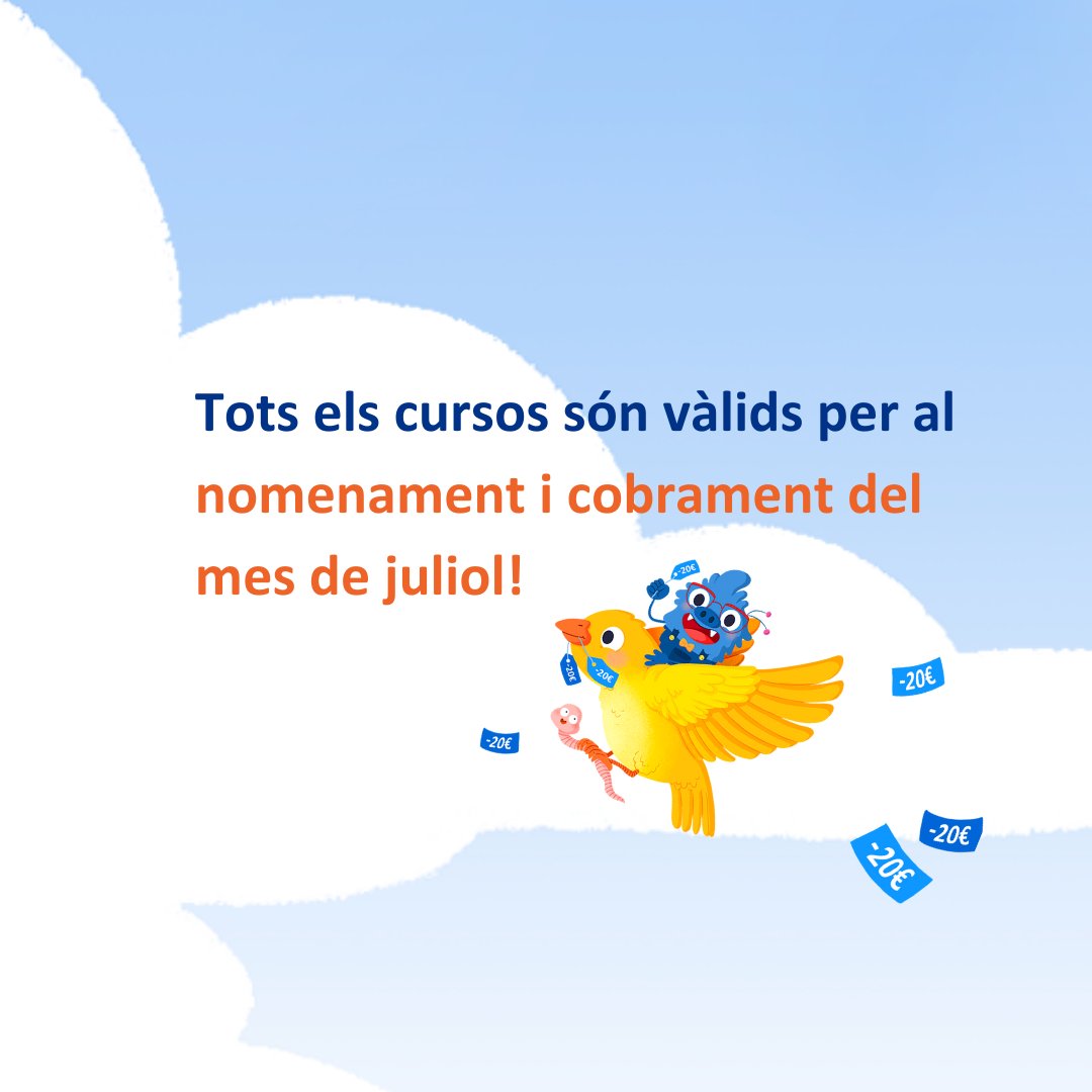 SomDocents's tweet photo. Torna l'ocell matiner! Matricula't a la convocatòria de juliol i aconsegueix 20€ de descompte per al teu pròxim paquet de cursos. 

Necessites més informació?: https://t.co/2SF2A0gRcc https://t.co/wJlppZuema
