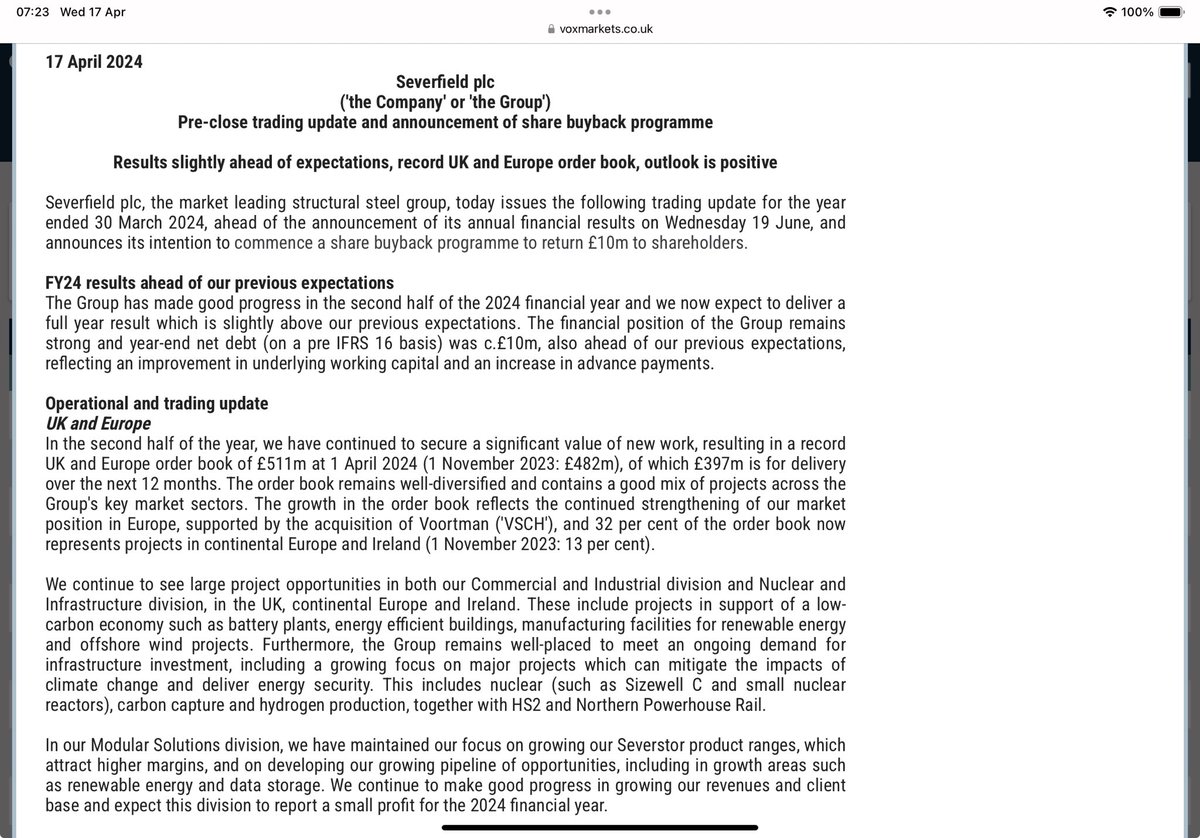 #SFR I’ve not looked at Severfield for a while so it’s good to read that they expect to be slightly above expectations for the FY 👍 Europe strong Record order book £511m Debt c£10m, also ahead of expectations Confident outlook, could be worth a look 👀