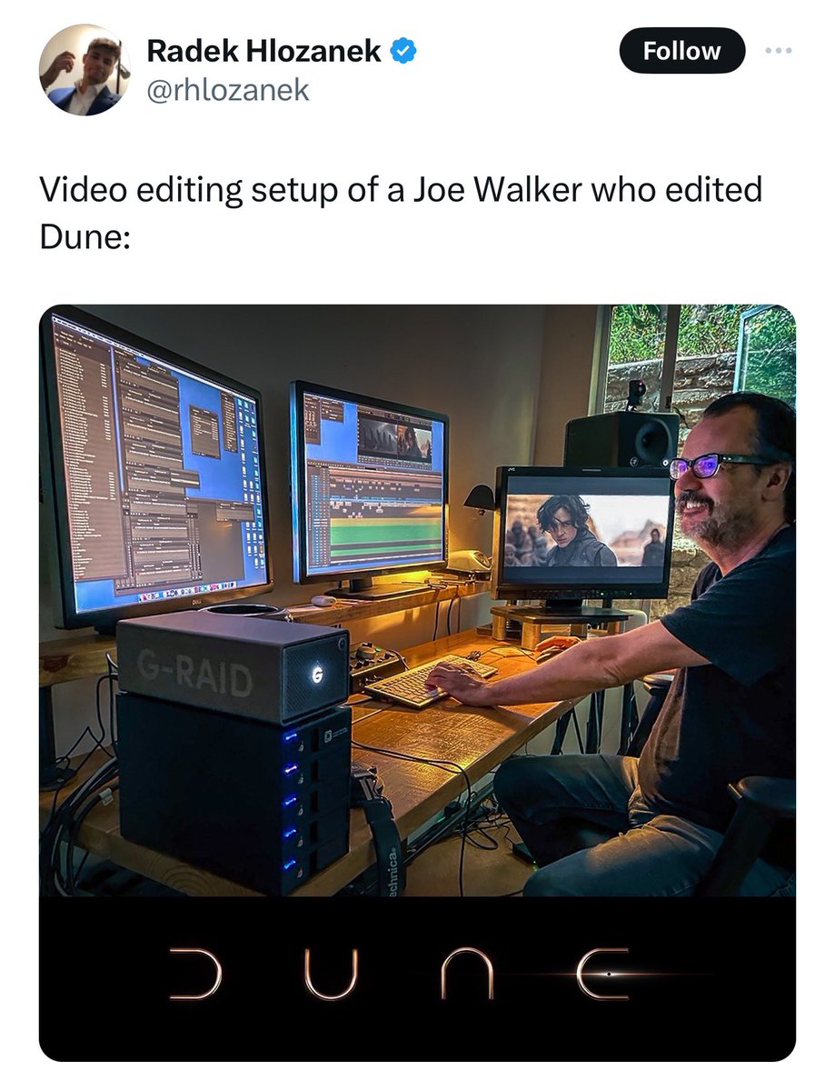 Joe Walker needed 3 monitors to edit one of the greatest movies of this decade. Meanwhile, finance bros are buying 6 screens and $10k laptops so they could underperform the market. Ludicrous.