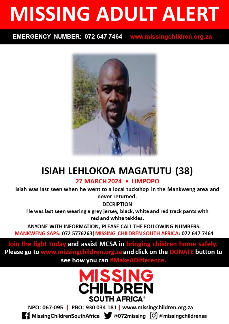 #MCSAMissing Isiah Lehlokoa Magatutu (38) was last see 27 March 2024. If you personally, or your company | or your place of work, would like to make a donation to #MCSA, please click here to donate: missingchildren.org.za/page/donate