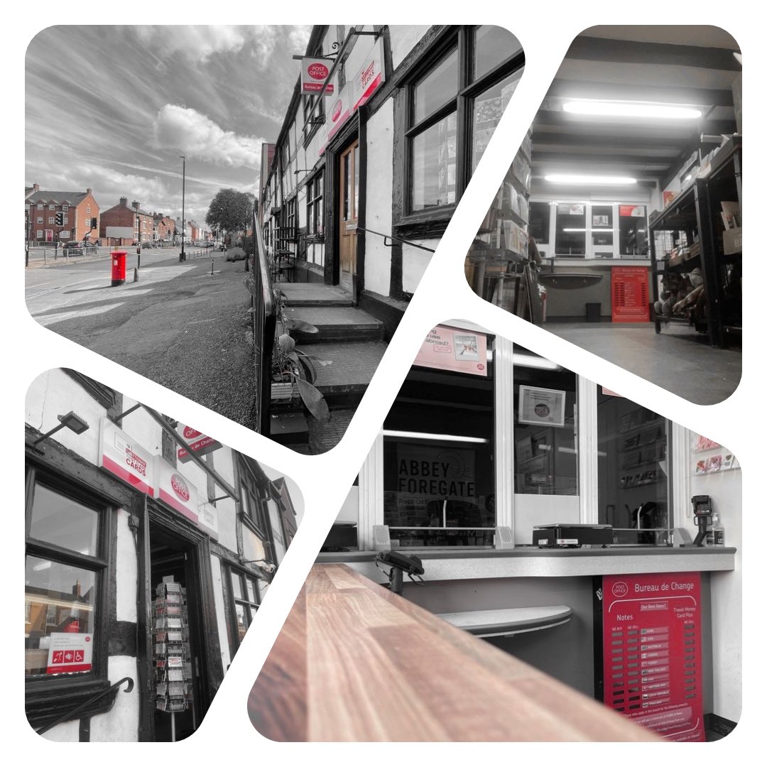 MAIN Post Office offering all PO services all day &amp; possibly Shrewsbury’s best selection of greeting cards.

OPEN Mon to Fri 9am - 5.30pm.

▪️Digital check &amp; send
▪️Banking 
▪️Driving Licence 
▪️Currency 
▪️Passports 
▪️Cards
▪️Parcels
▪️Amazon/DPD
▪️Dog friendly
▪️Free parking