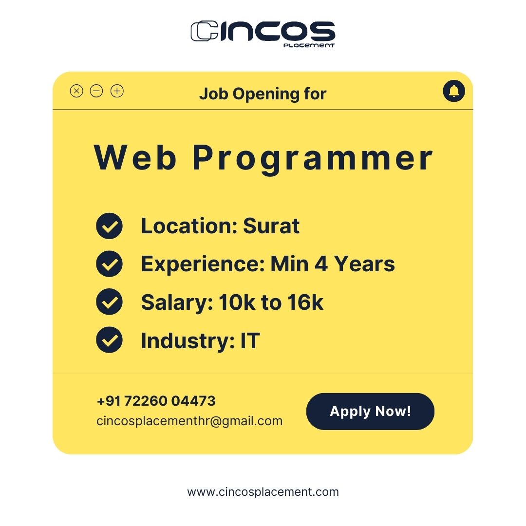 cincosplacement's tweet image. Exciting opportunity for a Web Programmer with Best IT Job Placement Consultancy in Surat. Join our innovative team!
Contact Us
Phone: +91 72260 04473
#WebProgrammer #SuratJobs #CodeCrafting #Opportunities #TopITJobConsultancyInSurat #TopITJobConsultantInSura
