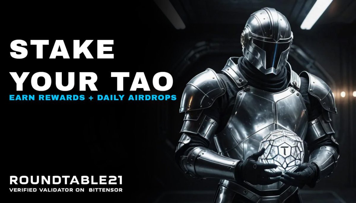 21RoundTable's tweet photo. Simply delegate your $TAO to #RoundTable21 to get included in our Daily Snapshot & Airdrop! Snapshot is every day at 6am UTC+0 (airdrop a few minutes afterwards)
Rewards start after your second daily snapshot are proportional - the more you delegate, the more rewards you earn𦾠https://t.co/mBvmMH645M
