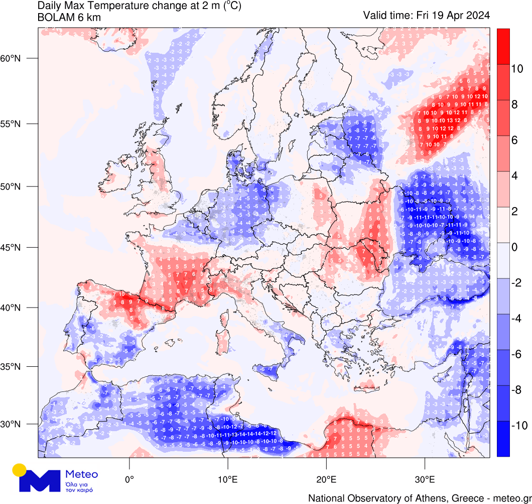 24-hr max temperature difference on Friday 19/4. What a busy week for air masses