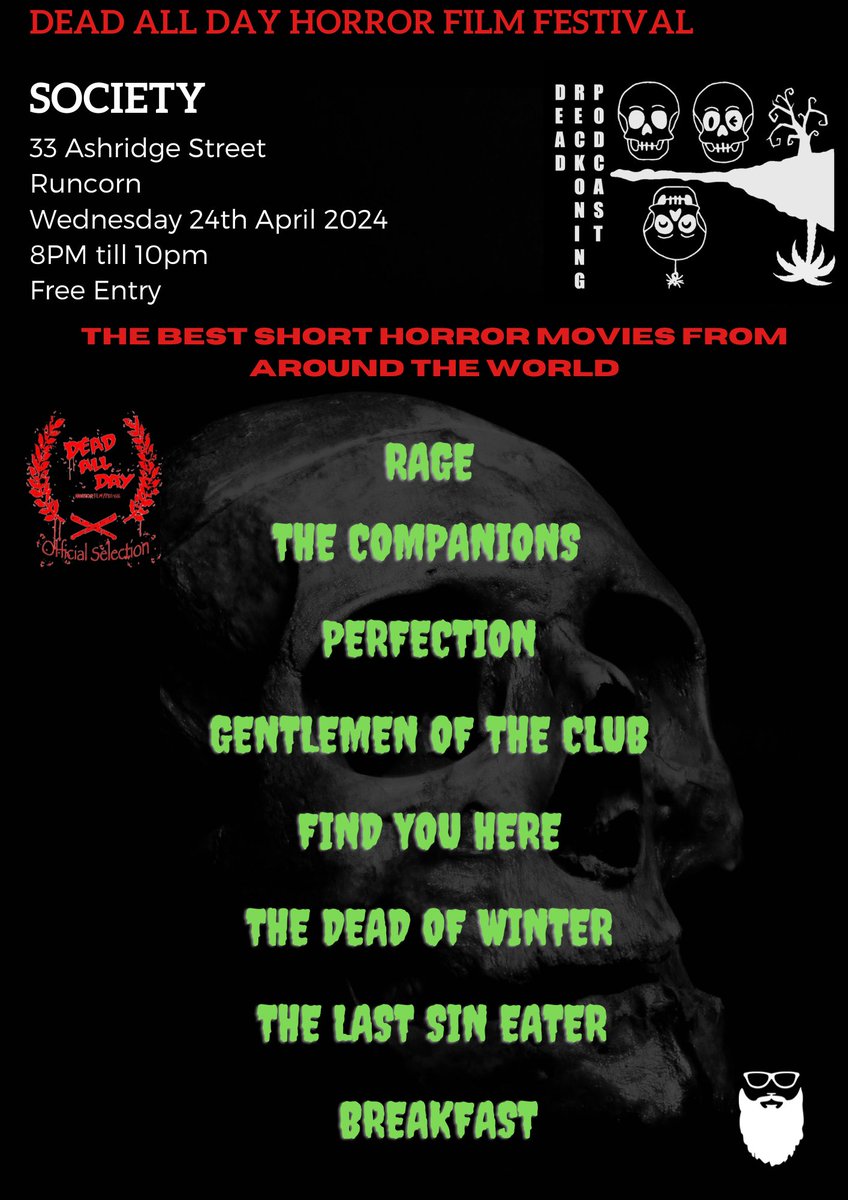 Here's the schedule for Dead All Day Horror Film Festival 2024.
This is a free event and we'd love to see as many of you there as possible. If you can make it, films start at 8pm so please arrive for 7.30pm to make sure you get a seat and a drink before we begin.
