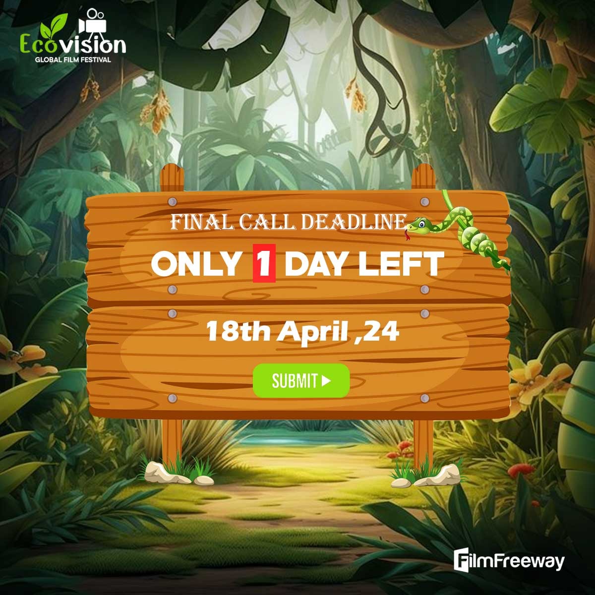 🚨 Only 1 day left! Attention indie creators! Act now to submit your films to the Ecovision Global Film Festival before our lastbird deadline! 🎬✨ Don't miss out on this chance to share your talent and join our community of filmmakers! 🌟 #EcovisionGlobalFilmFestival #indiefilm