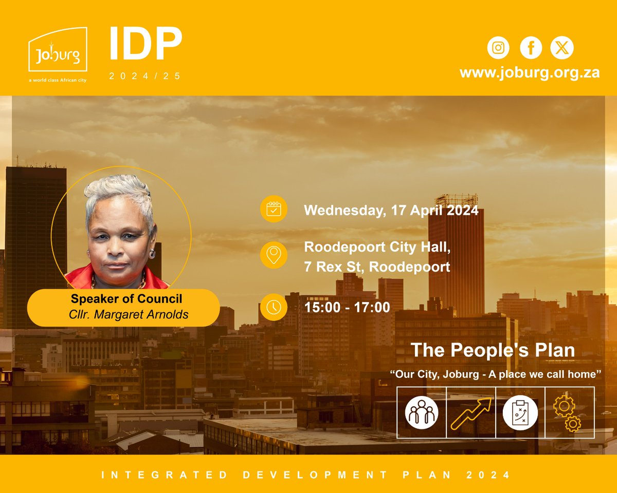 #JoburgUpdates

Don't miss today's #JoburgIDP2024 meeting in Roodepoort, Region C from 3pm 👇🏾

#JoburgLIVE streams will be made available on our social media platforms.

#DigitalJozi
#JoburgServices
#KnowYourJoburg ^GZ