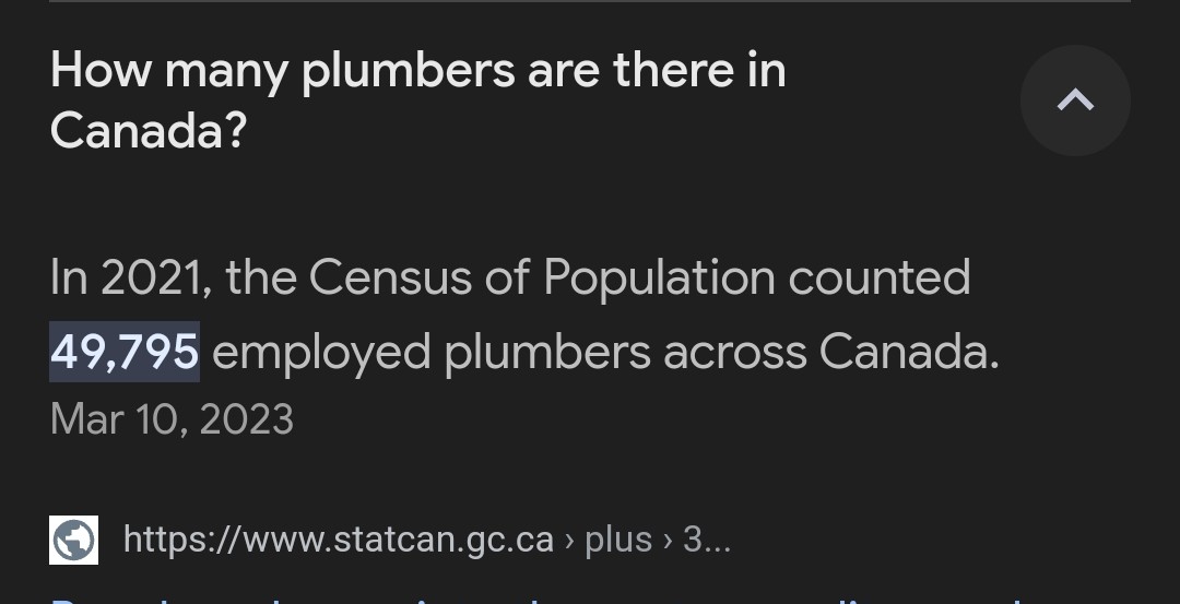 That's 80+ homes per plumber in a year or a home in 4.5 days. They would have to stop servicing all existing homes and buildings, and nothing else could be built.

Rofl. These people can't even do a simple Google search and a bit of math...

#Budget2024 #canpoli