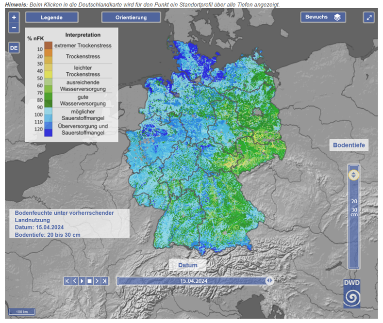 Im Bodenfeuchte Viewer des DWD ist die Situation dagegen entspannt. 
dwd.de/DE/fachnutzer/…