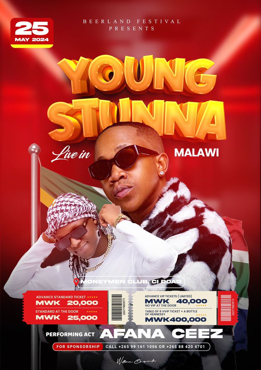 WebticketsMW's tweet photo. Don't miss out on this unforgettable night of music and excitement! See you on the 25th of May at MoneyMen Club in Blantyre! #AfanaCeez #YoungStunnaLiveInMalawi #BeerlandFestival 🎉🎵 https://t.co/KaexIdJJBl
