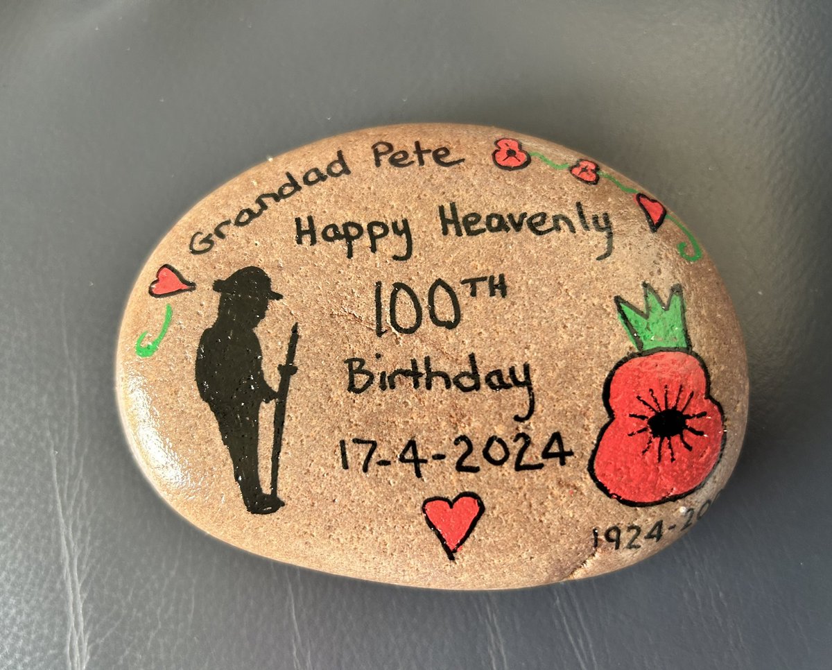 Remembering my Dad today on what would’ve been his 100th birthday. I painted this pebble & have left it on the beach with other memory stones. He was from a generation of gentlemen who fought for his country. #LestWeForget @PoppyLegion