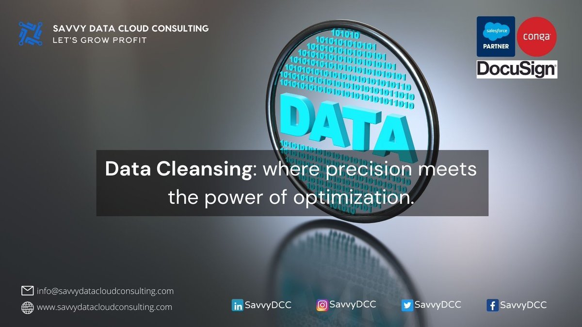 Data cleansing: where precision meets the power of optimization. 
Read more: buff.ly/40yfZYm 
#DataCleansing #Data #DataScience #DataScienceConsulting #DataCleaning #DataScientists #DataScienceProjects #CRM #Salesforce #SavvyDataCloud #Consulting #blog