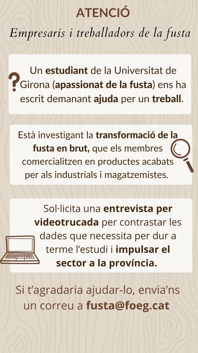 Bon dia!!! 😀 
✏ Si tens 20 minuts lliures i t'agradaria ajudar a un alumne universitari, si us plau, envia'ns un correu electrònic a: fusta@foeg.cat