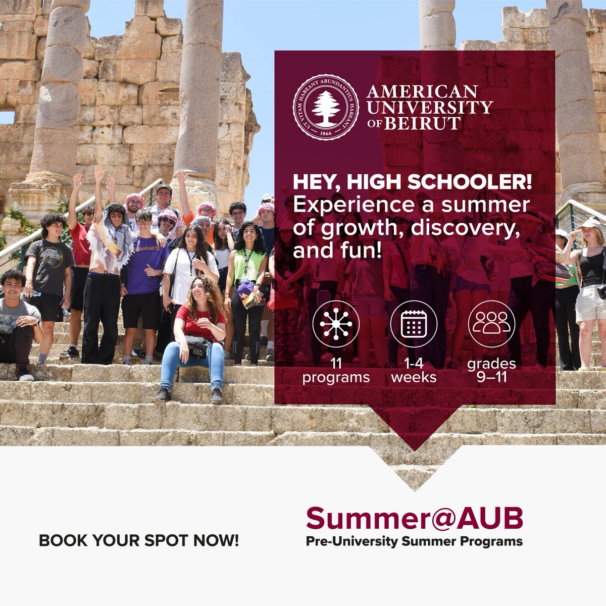 Hey, High Schooler! 🎓 Ready for a summer of growth, discovery, and fun? Explore our 11 diverse programs, ranging from 1-4 weeks, tailored for grades 9-11. Secure your spot now for an unforgettable experience! aub.edu.lb/cec/Summer@AUB…