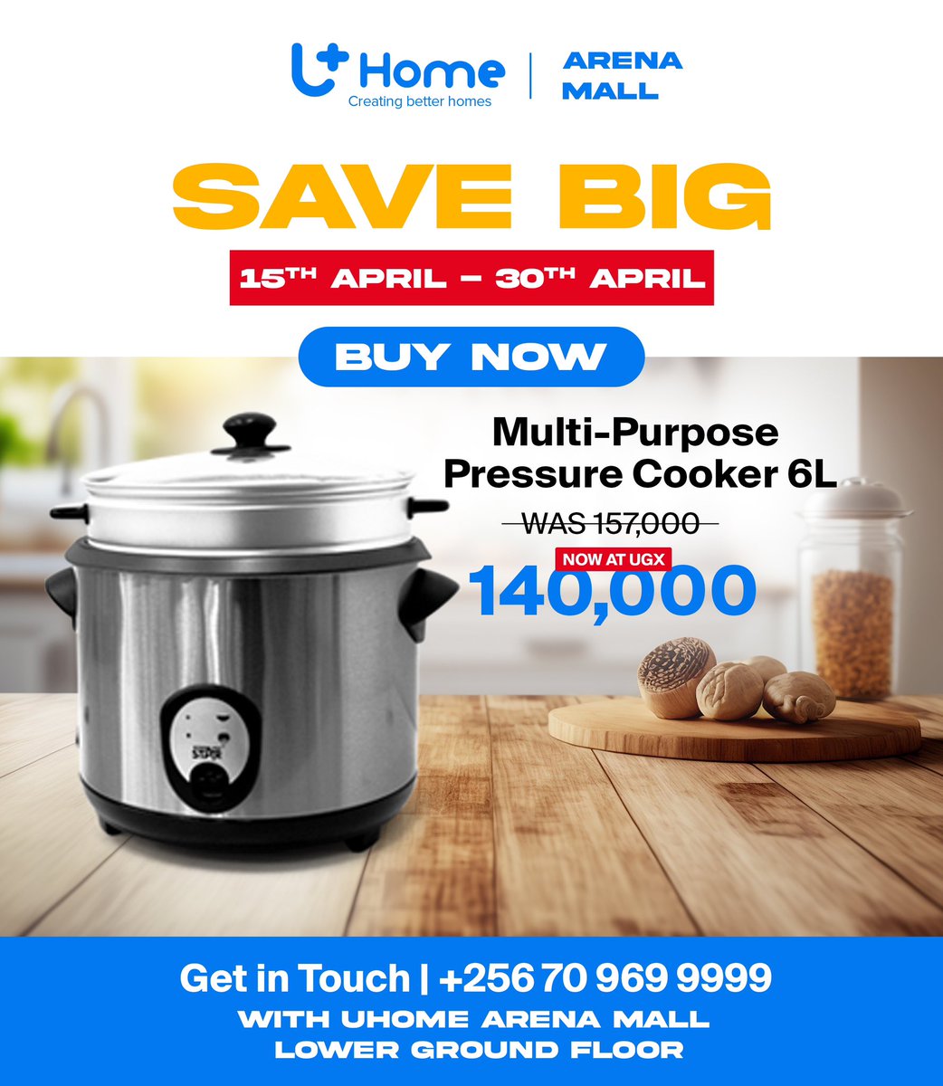 Save BIG with @UhomeUganda , get yourself a pressure cooker for only 140k ugx during the #UhomeDiscounts sale that ends on 30th April! #UhomeArenaMall