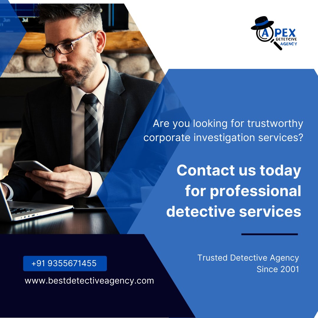 DetectiveApex's tweet photo. "Unraveling corporate mysteries with precision and professionalism. Apex Detective Agency leads the way as India's premier provider of corporate investigation services. Trust us to safeguard your business interests. #ApexDetectiveAgency #CorporateInvestigation #India" https://t.co/Z87SeZlmNJ