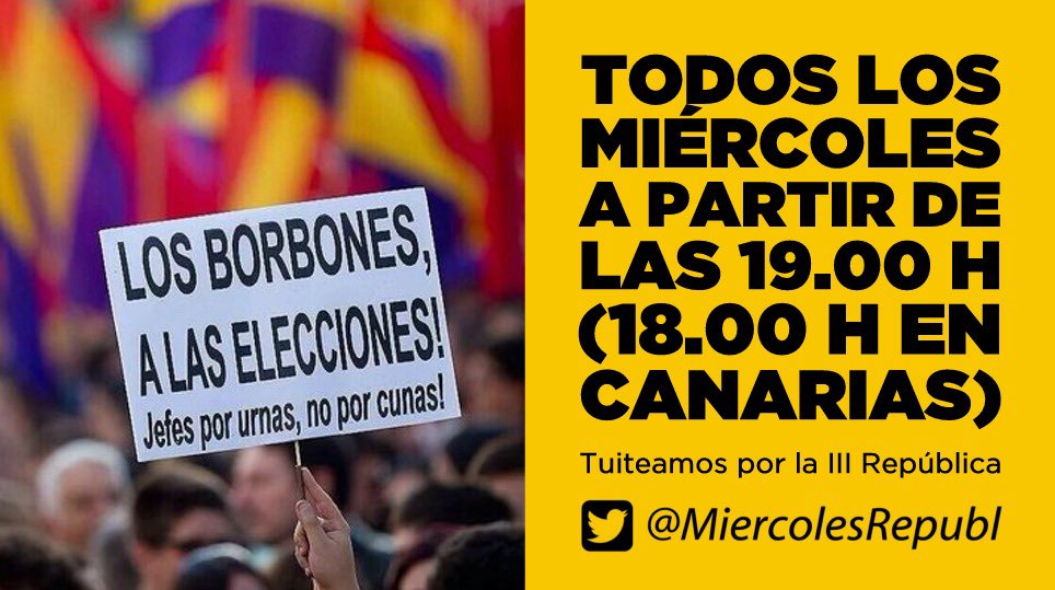 Todos los miércoles a partir de las 19.00 h (18.00 h en Canarias), tuiteamos por la III República el hashtag de @MiercolesRepubl, ¿te lo vas a perder?. Yo a las 19:00 h en punto estaré aquí como un clavo ¿y tú? ¡No te lo pierdas! 😊 ❤️💛💜 #FelizMiércoles