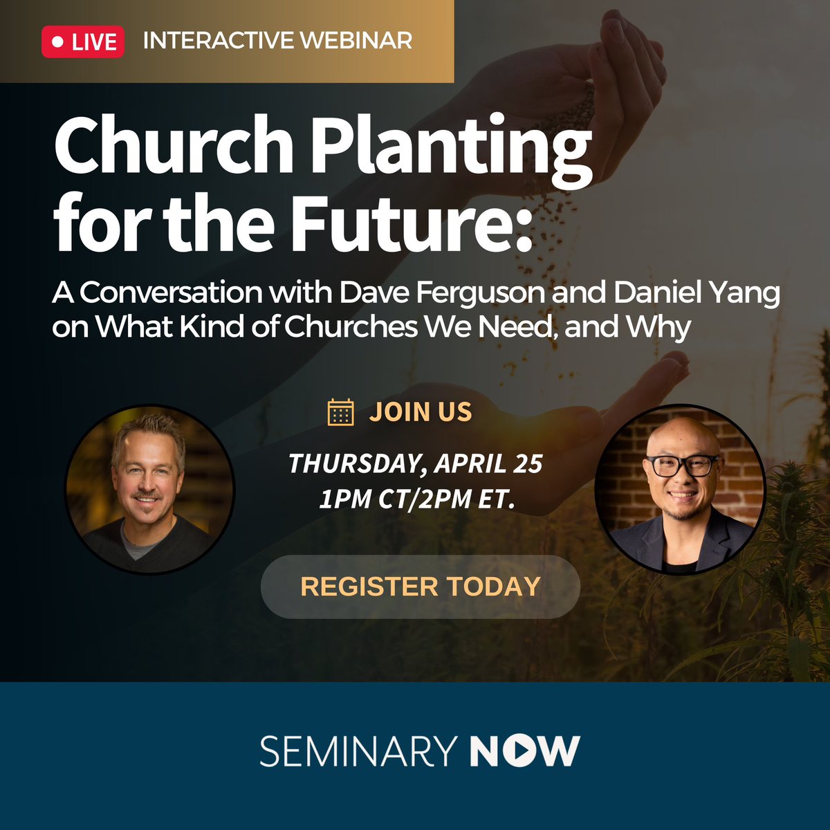 I will just be returning from being with church planters in Africa and can’t wait to discuss my observations with you and Daniel Yang. Join us for this live and interactive webinar where we discuss the future of church planting. seminarynow.com/pages/church-p…