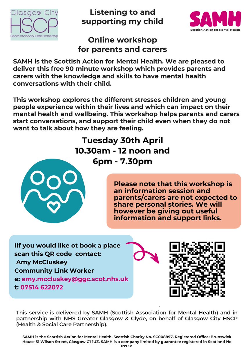 Online Workshop for Parents/Carers - Listening To and Supporting My Child delivered by @SAMHtweets Tuesday 30th April 2024 10:30am-12 noon and 6pm-7:30pm