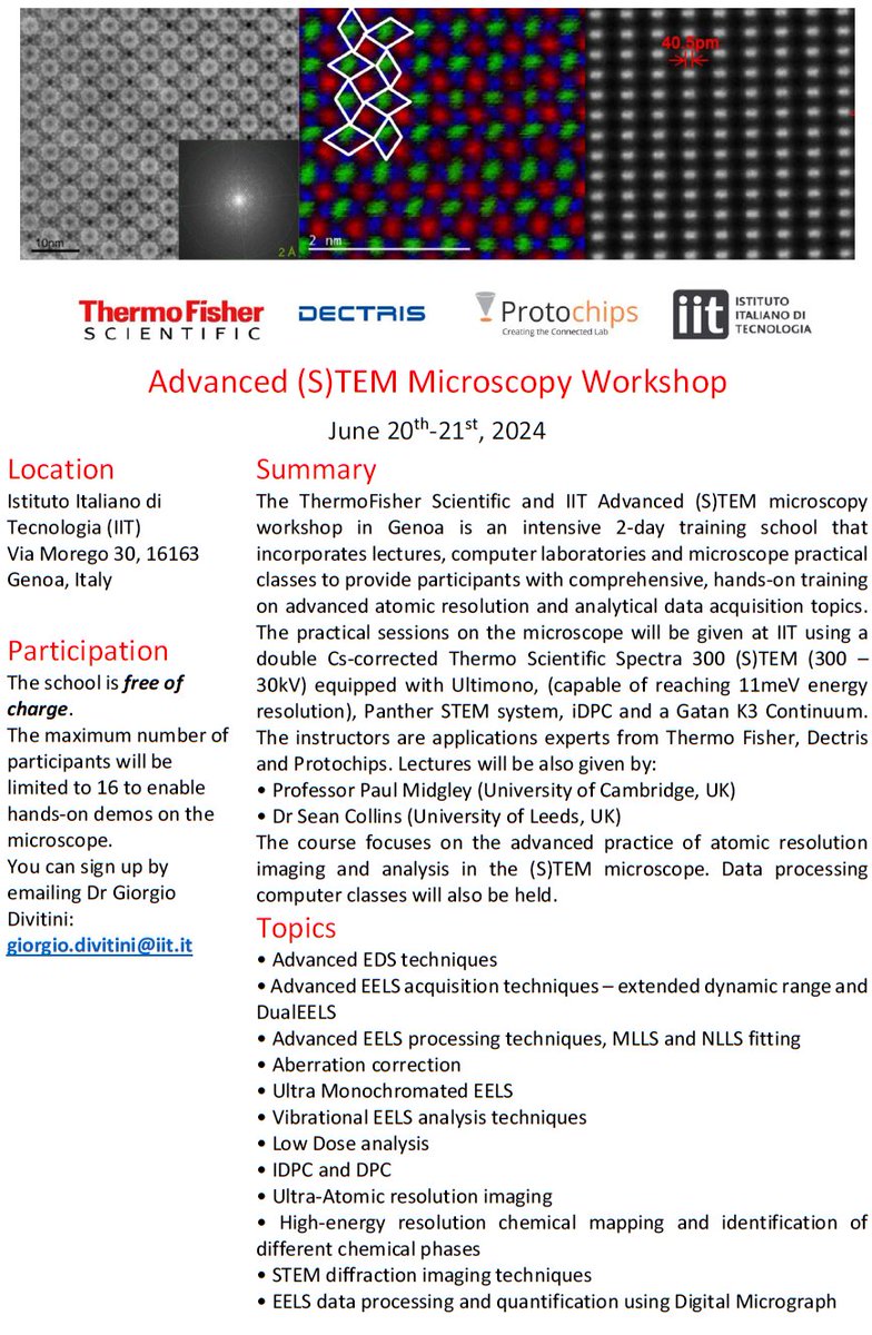 We are hosting a 2-days electron microscopy workshop at @IITalk in Genoa with @thermosciEMSpec, @DECTRIS_News and @Protochips in June - come and enjoy talks and attend demos for operation of our Spectra S/TEM and data analysis!