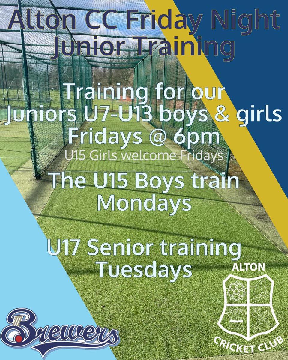 AltonCricket's tweet photo. Junior Training kicks off properly this Friday night! 19th April

U7-U13 Boys and Girls (U15 Girls welcome) 

Bar &amp; BBQ

Plenty of opportunities for more volunteers to get involved too, please do get in touch. 

#clubcricket #cricket #juniorcricket #coltscricket https://t.co/3iCffH9S27