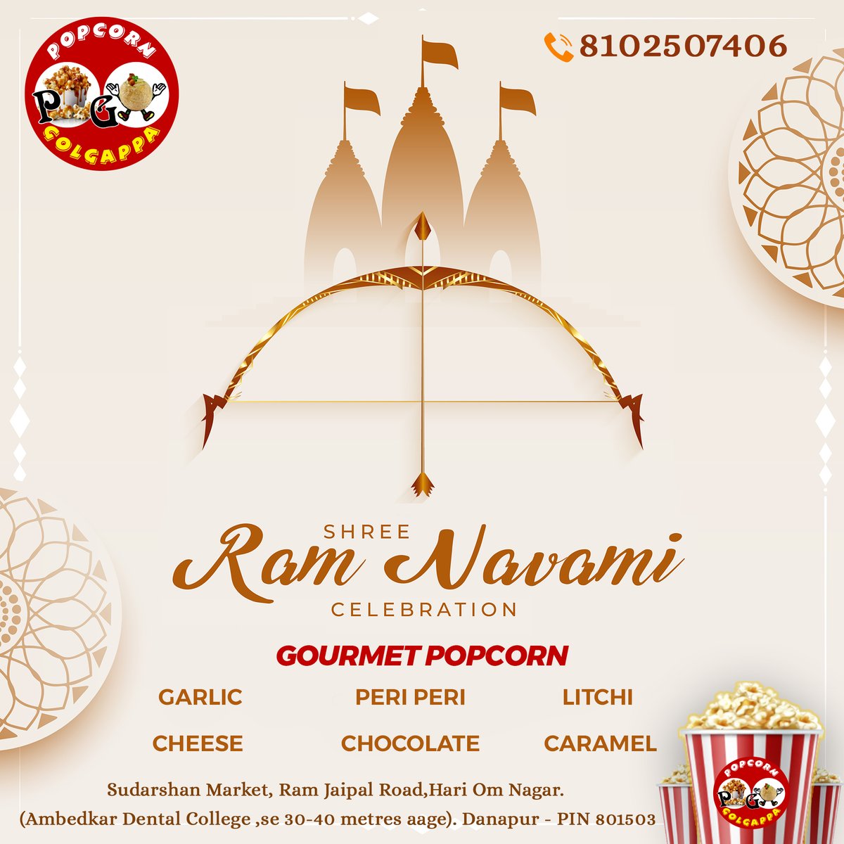 'Pogo Cafe wishes you a joyful Ram Navmi! Indulge in the flavors of celebration with our delicious popcorn varieties and mouthwatering fast food like burgers and golgappas. #RamNavmi #PogoCafe #PopcornFlavors #Burgers #Golgappa #FoodieDelights #FestiveFeast'