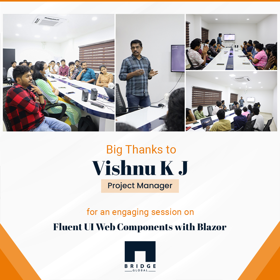 Thank you, @vishnu4friend, for your session on “Fluent UI Web Components with Blazor.” Discover how these powerful tools can revolutionize your web development experience! #FluentUI #Blazor #fluentdesign #ux #dotnet #webcomponents #tutorial #learningsession #BridgeGlobal