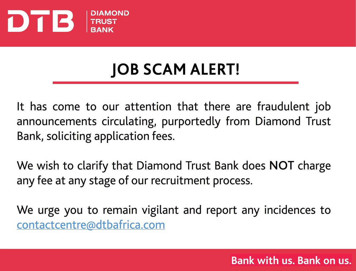 🚨 Beware of imposters claiming to represent DTB.  We do NOT charge for job applications at any stage of the recruitment process. Stay vigilant!