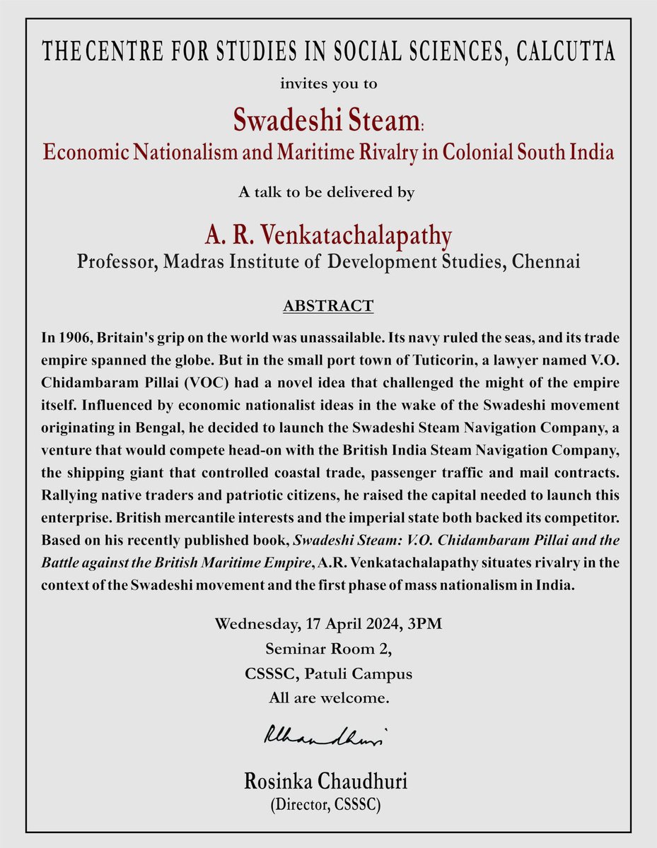 Really looking forward to @ARV_Chalapathy's talk this afternoon at the CSSSC on his new book, Swadeshi Steam.