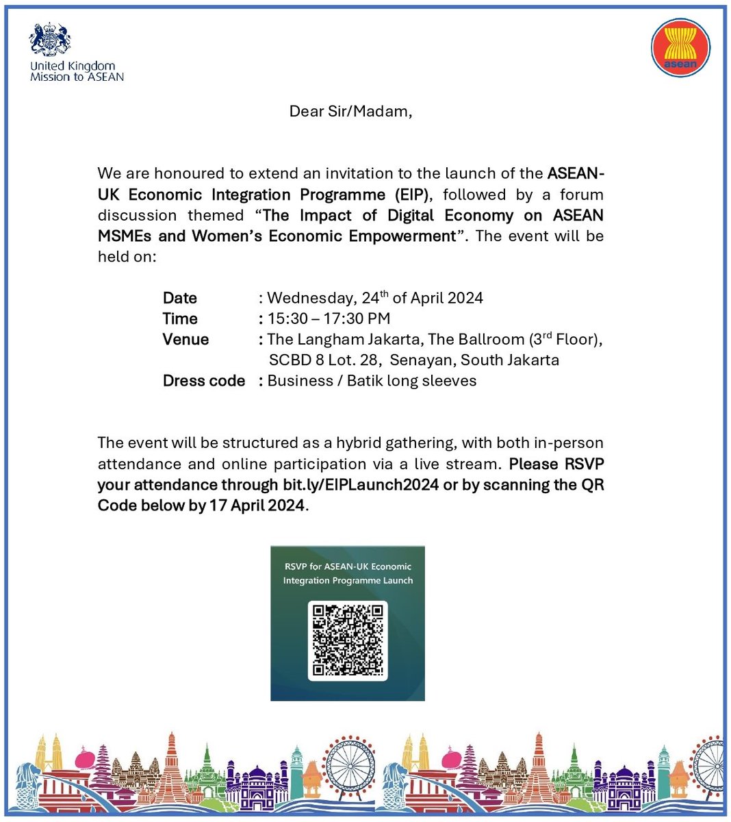 Join the launch of the @ASEAN-#UK Economic Integration Programme followed by a forum themed 'The Impact of Digital Economy of #ASEAN MSMEs and #Women's Economic Empowerment'. Scan the QR code below or RSVP at bit.ly/EIPLaunch2024. #UKASEAN