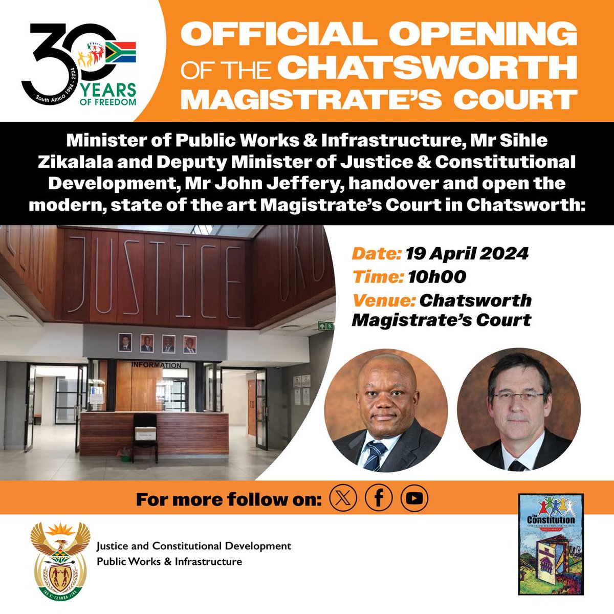 DEPUTY MINISTER @JhjSA AND MINISTER @sziks TO OFFICIALLY OPEN THE CHATSWORTH MAGISTRATES’ COURT ON FRIDAY.
#FreedomMonth2024
#ChatsworthOpening