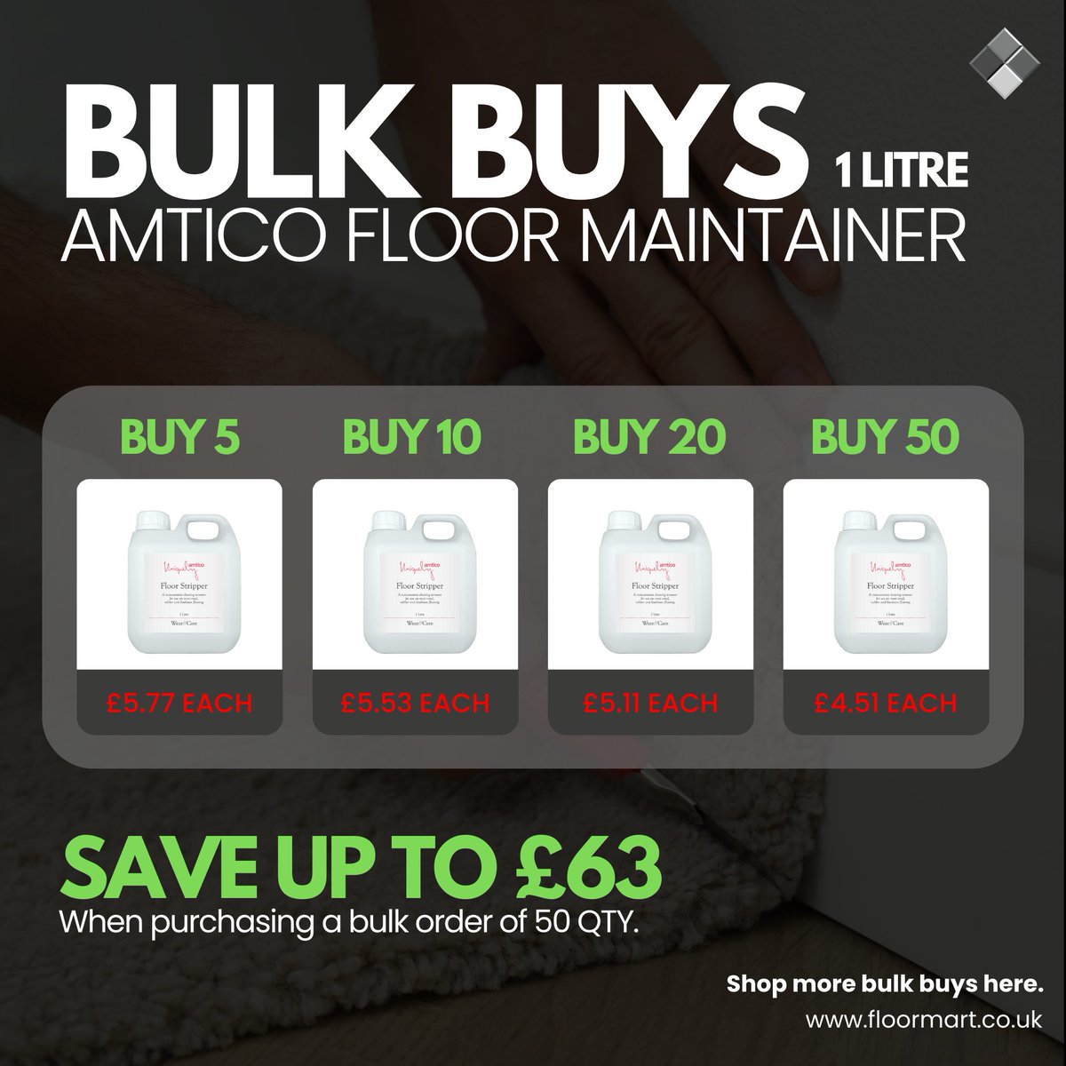 BULK BUY ALERT 🚨

Amtico Floor Maintainer - Quantities 5, 10, 20, 50 ✅

Save up to £63.

SHOP HERE 👉🏼 floormart.co.uk/amtico-interna…

#bulkbuy #floormart #floorcleaner #amticomaintainer