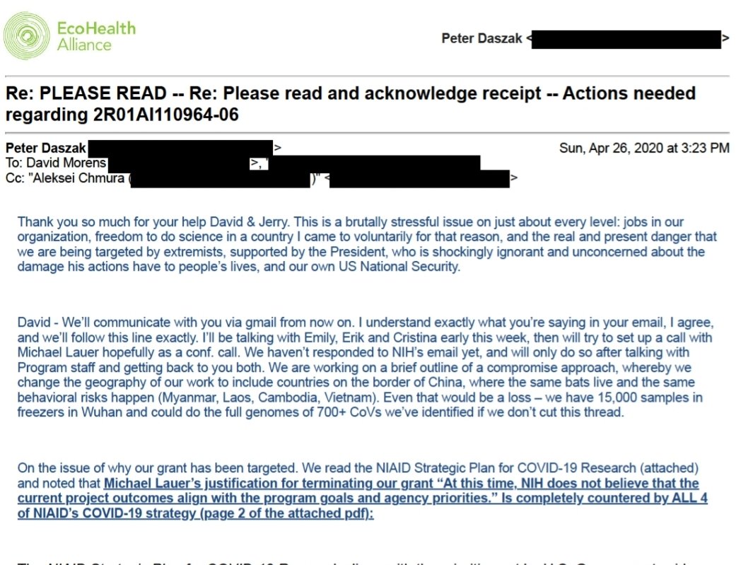 NEWLY DISCOVERED EMAILS:

Ecohealth's Peter Daszak: 'we have 15,000 samples [of coronaviruses] in freezers in Wuhan'