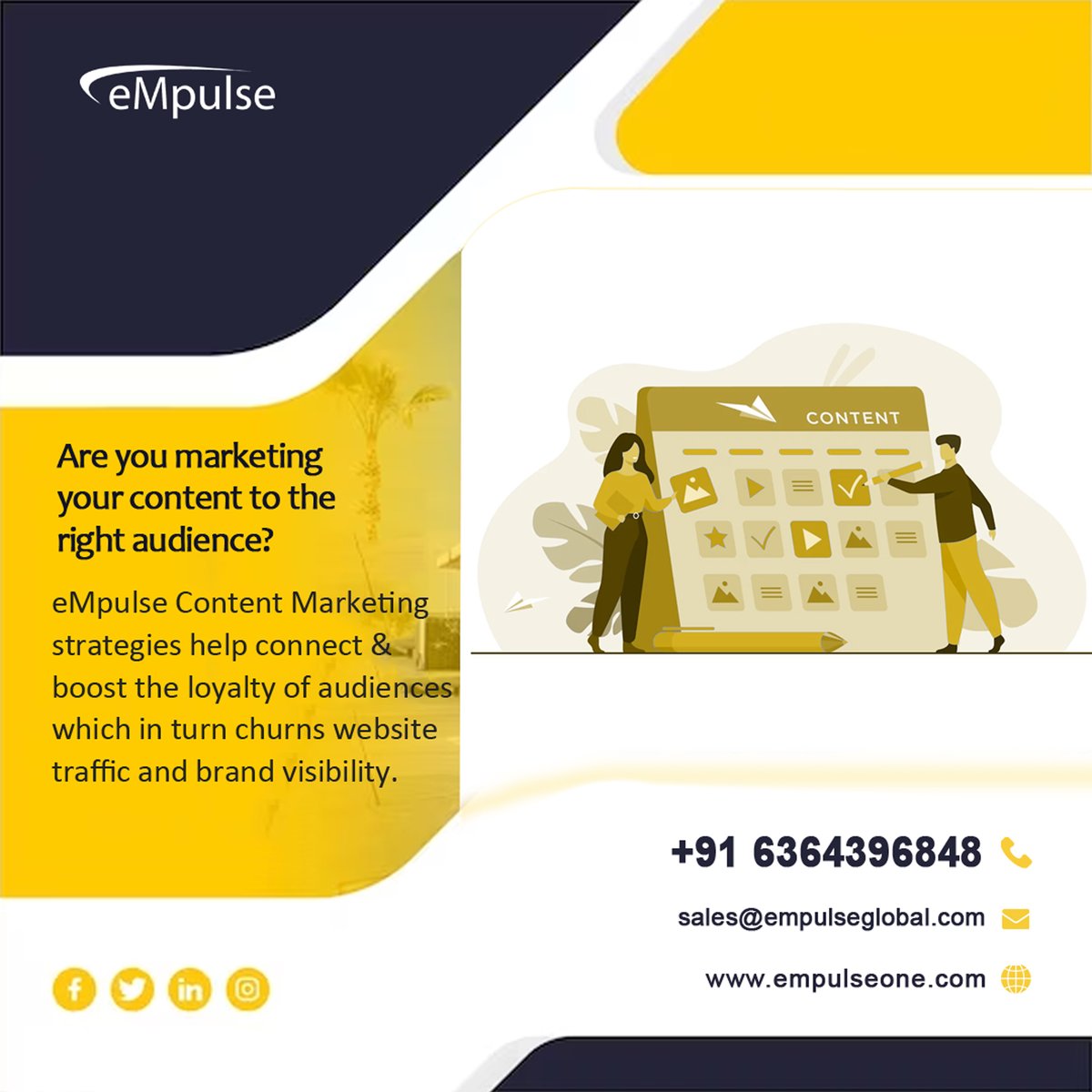 Are you marketing your content to the right audience? eMpulse Content Marketing strategies help connect & boost the loyalty of audiences which in turn churns website traffic and brand visibility. Visit: empulseglobal.com #empulseglobal #ContentMarketing #BoostEngagement