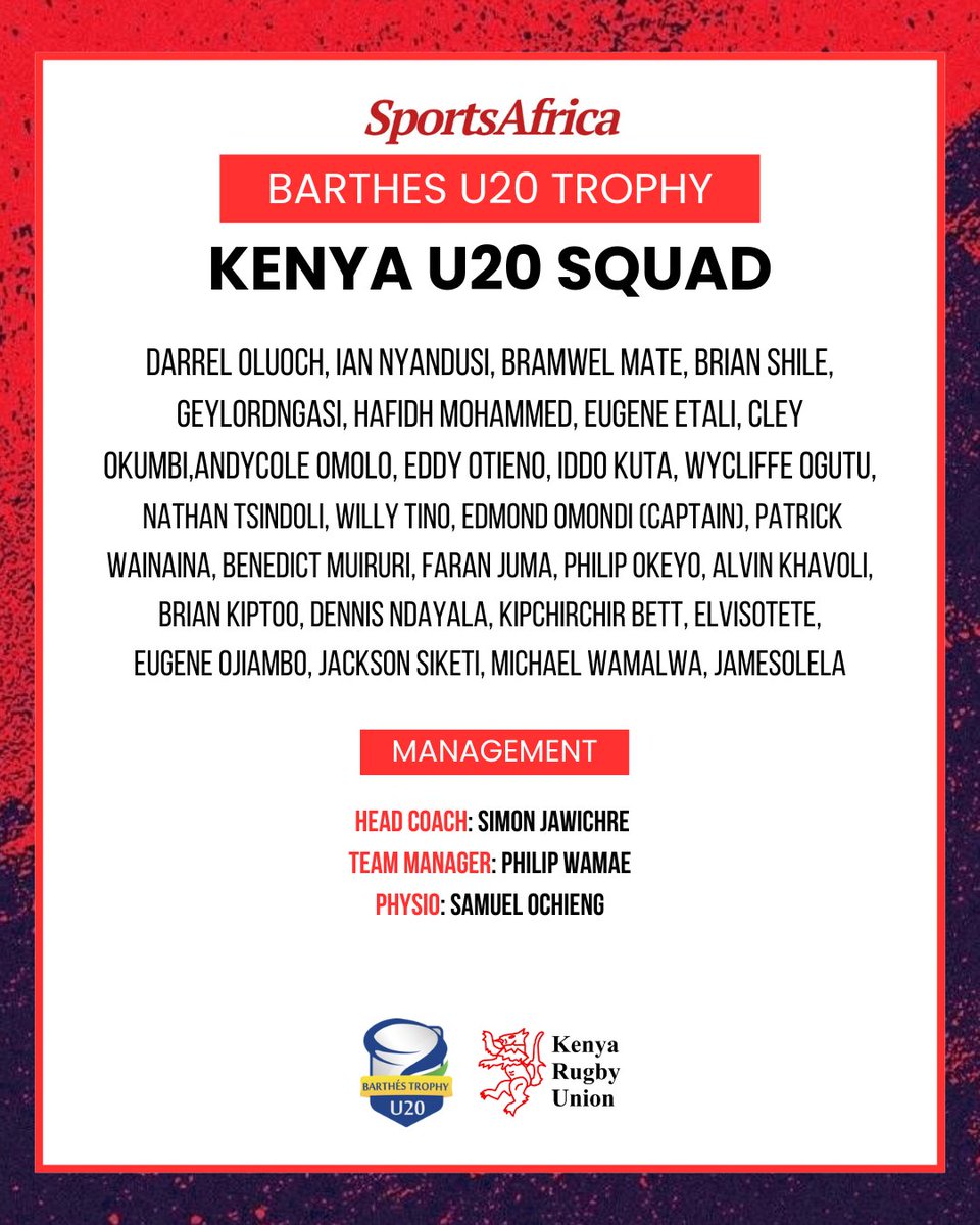 Rugby Africa U20 Barthes Trophy: Kenya name squad to Zimbabwe #BarthesCup2024 #RugbyKE

Read more: tinyurl.com/bdeby4hm